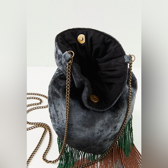 Free People Vintage Inspired Talk To Me Clutch Beaded Fringe Grey Velvet Pouch 🩶 - Picture 3 of 10